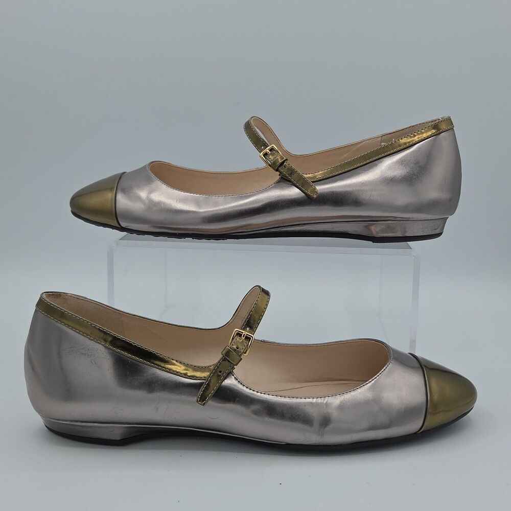 Cole Haan Phoenix Metallic Pewter Leather Mary Jane Flats Cap Toe Shoes Size 9